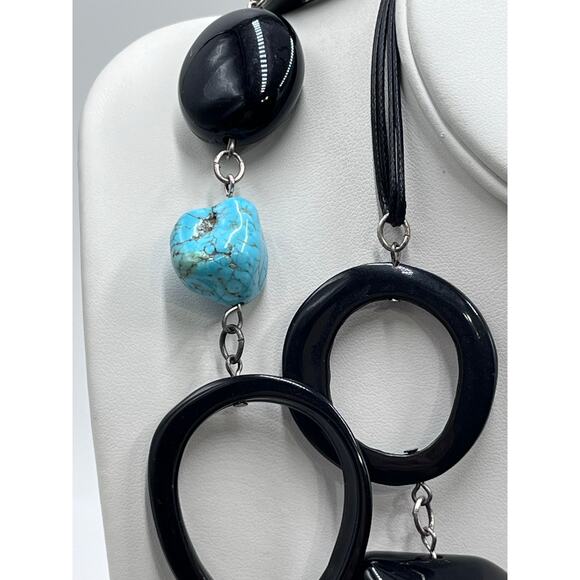 Chicos Turquoise Howlite Black Acrylic Chain Chunky Boho‎ Statement Necklace NWT - Picture 3 of 8